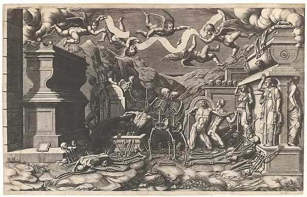The Vision of Ezekiel; a group of corpses and skeletons emerging out of tombs, above them five winged putti holding a banderole