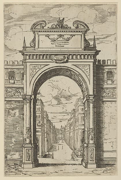 Triumphal arch surmounted by a statue of Moses, buildings seen through the arch below, a temporary decoration for the entry of Pope Clement VIII in Bologna in 1598