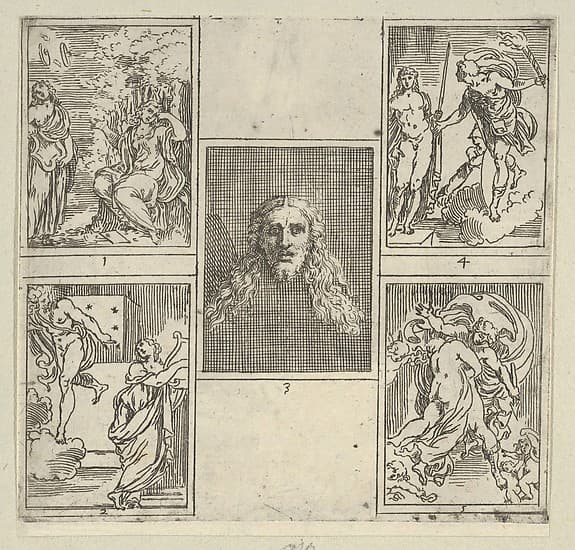 Five numbered scenes, each after a painter in the Accademia Degl'Incamminati, from IL FUNERALE D'AGOSTINO CARRACCIO FATTO IN BOLOGNA SUA PATRIA DAGL'INCAMINATI Academici del Disegno: 1. Painting and Poetry mourning the death of Agostino Carracci, painted by Francesco Brizio; 2. Painting with a lyre and Apollo pointing to stars on Carracci's grave, design by Giacomo Cavedone; 3. The head of Christ, painted by Agostino Carracci; 4. Prometheus with a torch and Athena behind him, painted by Alessandro Albini; 5. Aurora abducting Cephalus, painted by Leonello Spada.