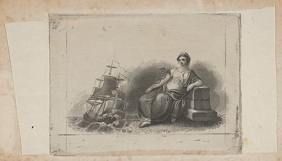 Banknote vignette with female figure representing marine commerce