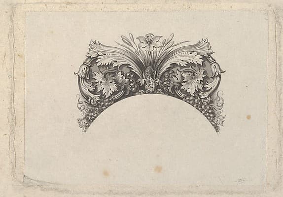Arched framing element for banknote, with acanthus and vine leaves, lily and grapes