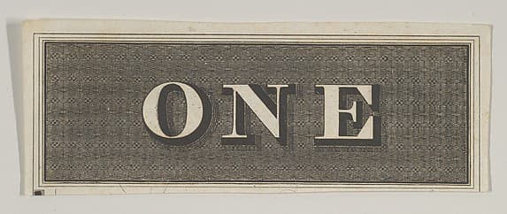 Banknote motif: the word ONE against a rectangle of ornamental basket-like lathe work