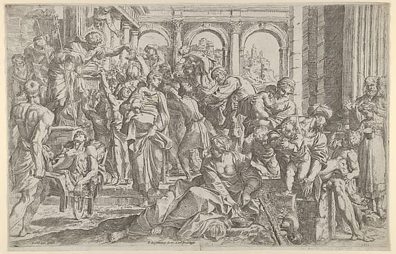 Saint Roch at left distributing alms to a group of people gathered around him, after Annibale Caracci