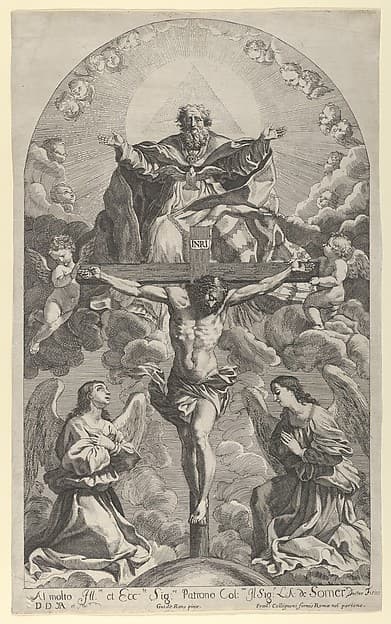 The Holy Trinity; Christ on the cross flanked by two angels, the Holy Spirit as a dove and God in heaven above the cross, a rectangular composition with half-circle at the top, after Reni