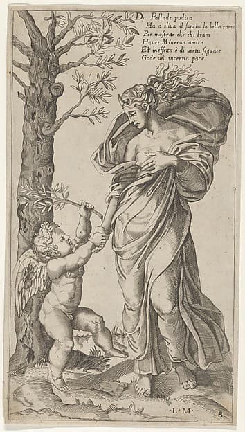 An allegory of Peace; Peace personified as a woman standing in a landscape holding the left hand of a winged genius