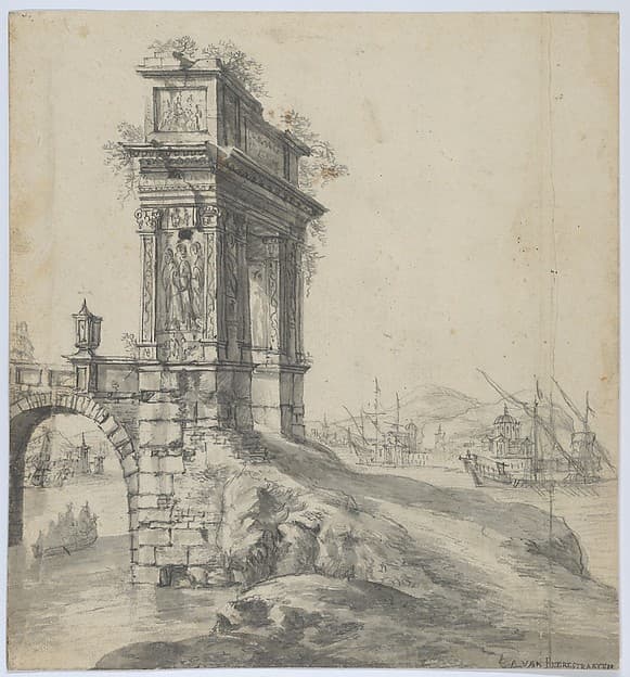 Capriccio of a Bridge with the Arcus Argentariorum by a Mediterranean Harbor