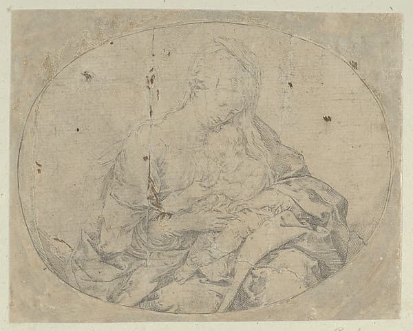 The Virgin holding the infant Christ, an oval composition, counterproof
