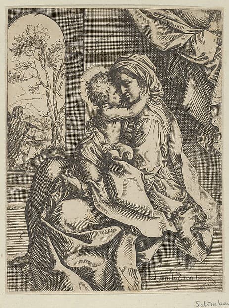The Virgin seated with the Christ Child on her lap embracing her, Joseph seen through an archway at left, after Reni
