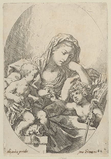 The Virgin with the Christ Child and the young Saint John the Baptist holding a bird at right, an oval composition