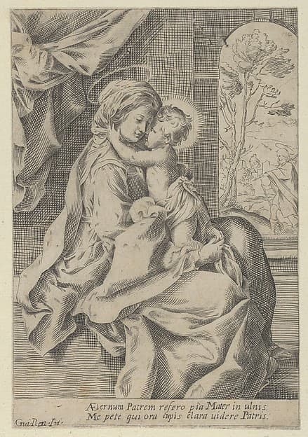 The Virgin seated with the Christ Child on her lap embracing her, St Joseph seen through an archway at right, after Reni