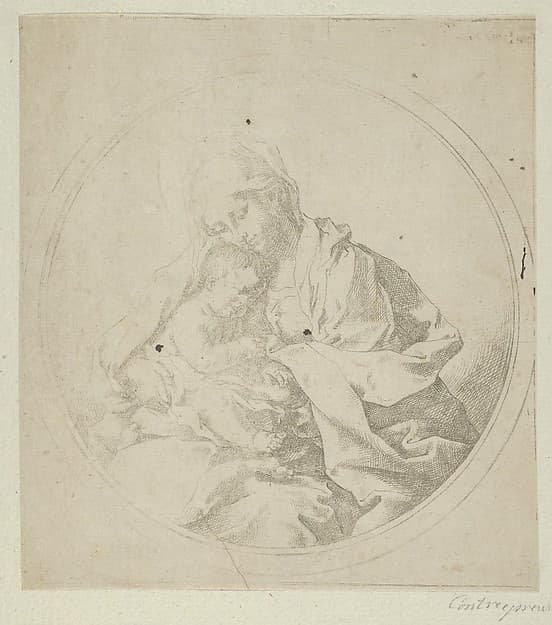 The Virgin holding the infant Christ, a circular composition, counterproof