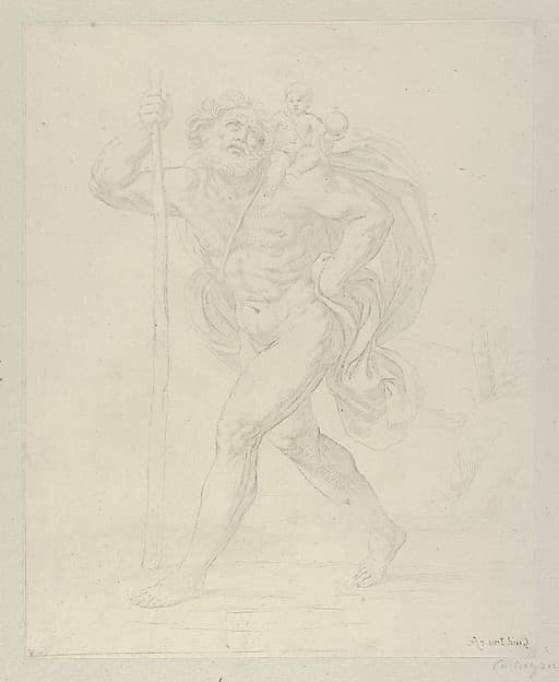 Saint Christopher walking with the infant Christ on his left shoulder, counterproof