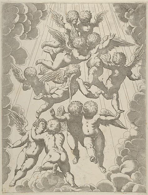 A group of angels embracing in flight, framed by clouds, after Reni