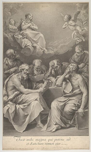 The doctors of the church consulting books and documents and contemplating the Virgin who is shown above in heaven, flanked by angels, after Reni