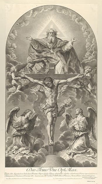 The Holy Trinity; Christ on the cross flanked by two angels, the Holy Spirit as a dove and God in heaven above the cross, a rectangular composition with half-circle at the top, after Reni