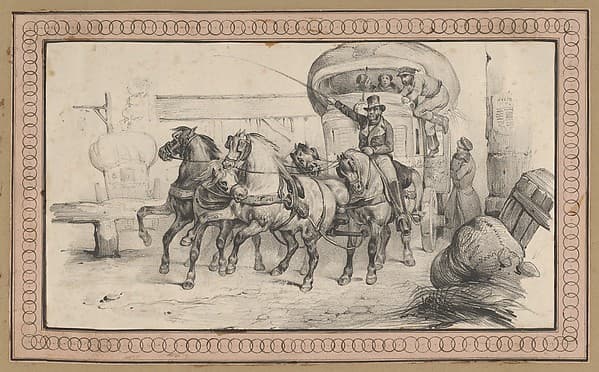 Five horses pulling a carriage with passengers