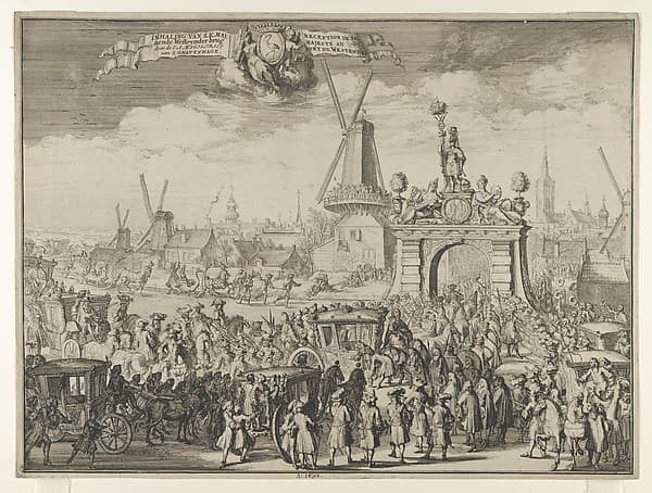 Entrance of William III into The Hague (Inhaling van S.K. Maj. aende Westeynder brug door de E.A. Magistraet van s'Gravenhage / Reception de sa Majesté au pont du Westende) from Bidloo, Inkomste van Koning Willem III
