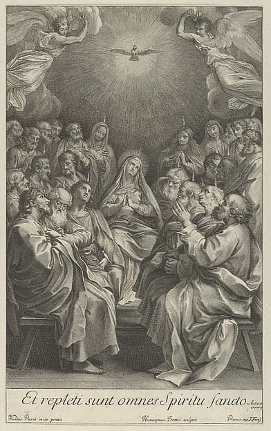 The Virgin with apostles looking up towards the Holy Dove and two angels, after Reni