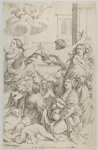 Massacre of the Innocents; group of women and children being attacked, two angels at upper left, after Reni