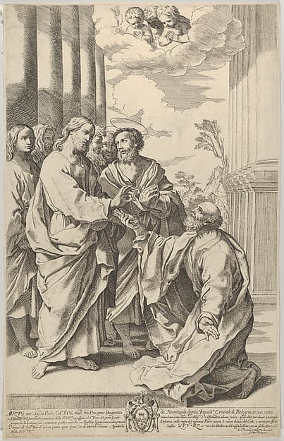 Christ giving the keys of the church to Saint Peter who kneels before him, after Guido Reni