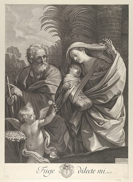 The Flight into Egypt; the Holy Family walking together, Saint Joseph pointing to the left and the Virgin carrying the infant Christ, an angel in front of her offering a flower, after Reni