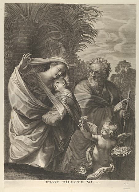 The Flight into Egypt; the Holy Family walking together, Saint Joseph pointing to the right and the Virgin carrying the infant Christ, an angel in front of her offering a flower, after Reni