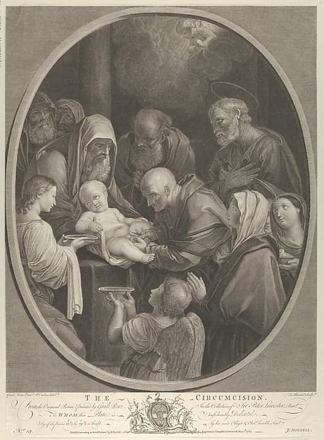 The Circumcision of Christ, a group of men and women surrounding him, an angel in the foreground, after Reni