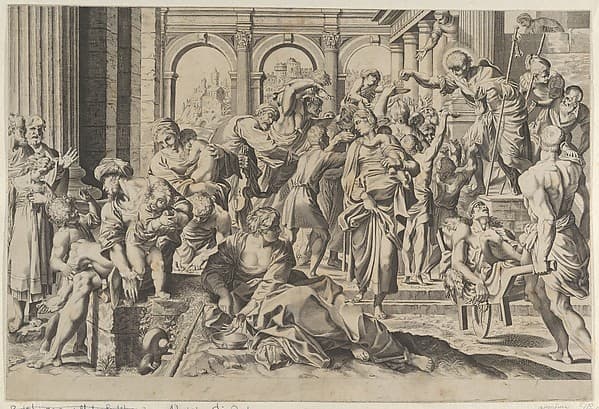 Saint Roch at right distributing alms to a group of people gathered around him, after Annibale Caracci