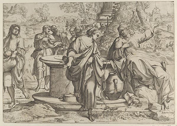 The Samaritan woman standing at the well, Christ seated next to her pointing to the right, after Annibale Caracci