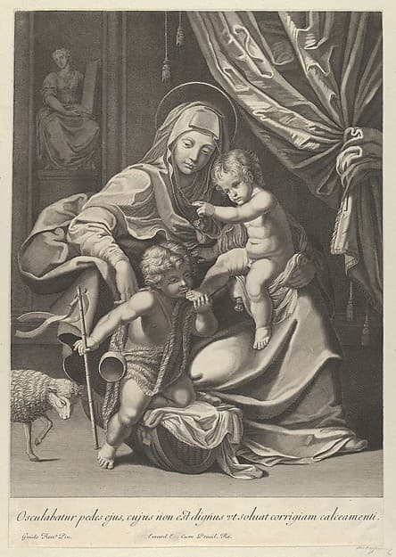 The Virgin seated with the infant Christ on her lap, the young Saint John the Baptist kneeling on Christ's cradle and kissing his foot, a lamb at left, after Reni