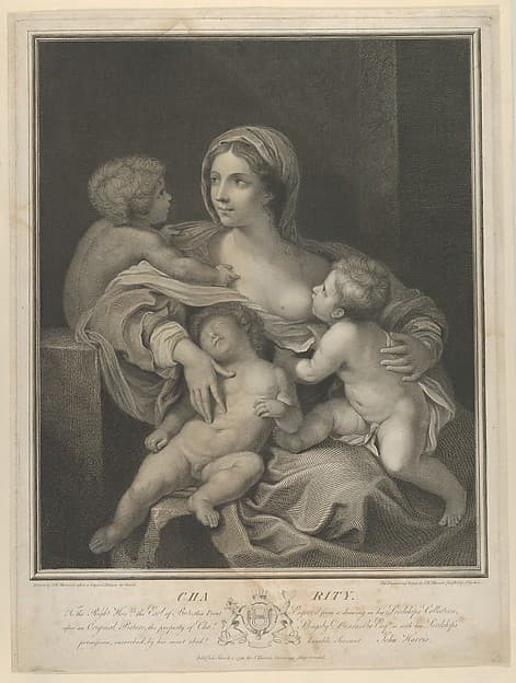 Charity seated nursing an infant, another sleeping on her lap and a third talking to her, after Reni