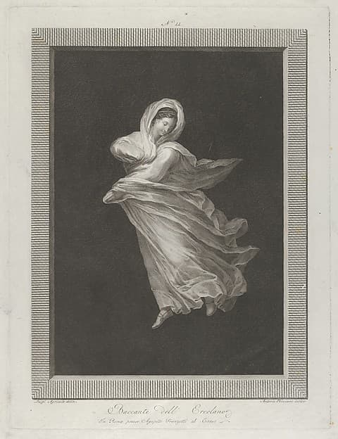 A bacchante wearing a flowing drapery, looking down, right arm bent and left arm outstretched, set against a black background inside a rectangular frame