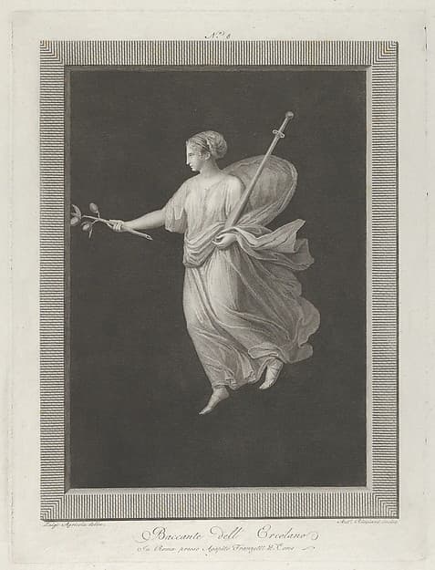 A bacchante holding a sword in her left arm and a branch with fruit in her right hand, set against a black background inside a rectangular frame