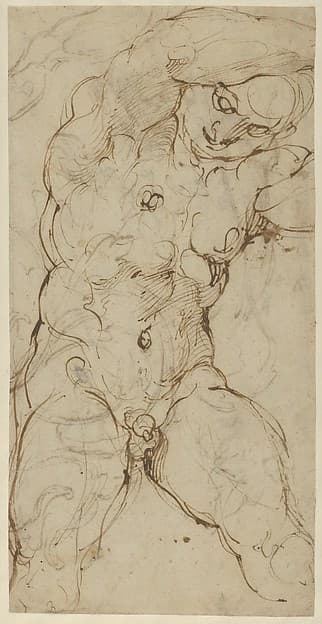 Seated Nude Male Figure (recto); Ornamental Designs of Foliage, a Grotesque Head, and a Leg (verso)