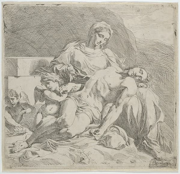Pietà, the dead Christ supported by the Virgin, putti at the left