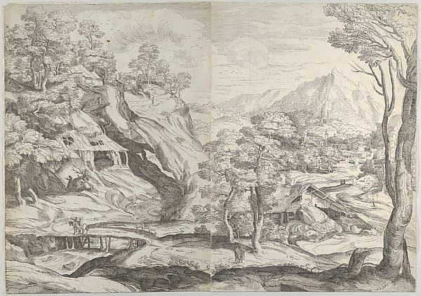 Landscape with a town in the background at the right, a winding road in the foreground