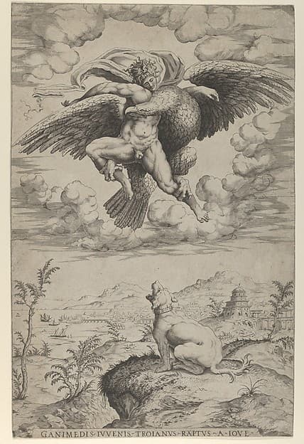 The Rape of Ganymede by Jupiter in the guise of an eagle carrying him into the heavens, his dog barking below