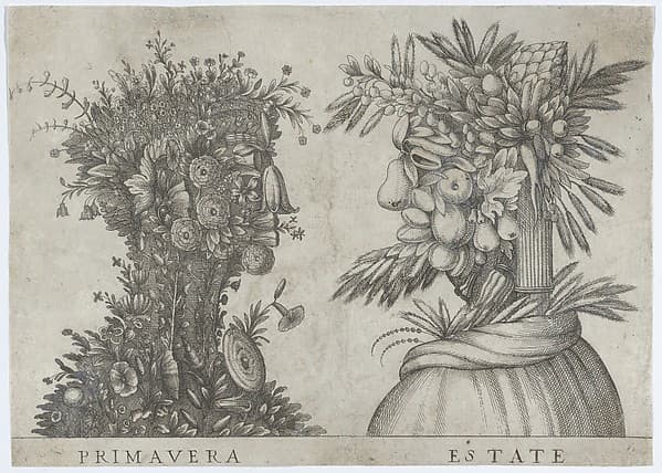 Spring and Summer: two heads made from flora typical of those seasons