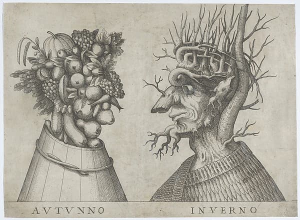 Autumn and Winter: two heads made from flora typical of those seasons