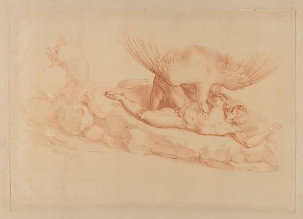 Prometheus, naked, chained to a rock, looking up at an eagle standing over him
