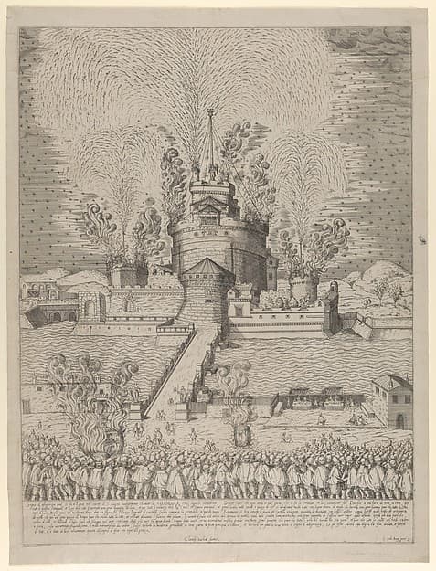 The firework display called 'Girandola' at the Castello Sant'Angelo in Rome, a nocturnal scene with fireworks issuing from the castle and a crowd of spectators in the foreground