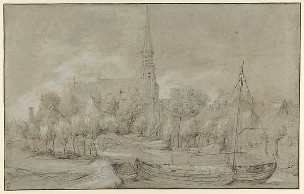 The Church of Saints Peter and Paul in Schelle, near Antwerp, seen from the North, with a Boat in the river Vliet