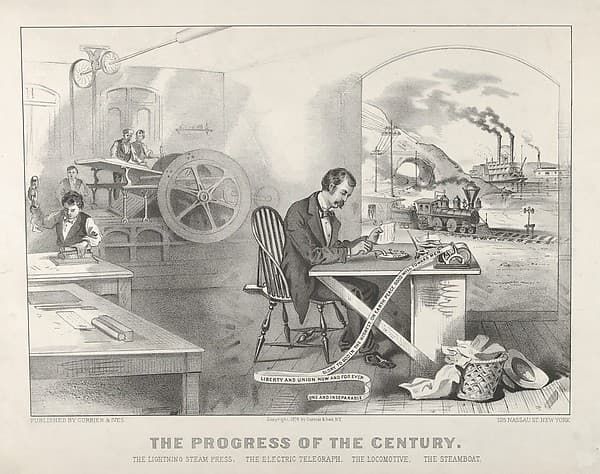 The Progress of the Century – The Lightning Steam Press. The Electric Telegraph. The Locomotive. The Steamboat.