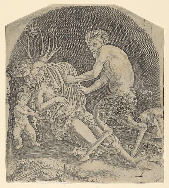 A satyr about to remove drapery covering a Nymph