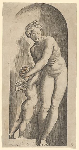 Venus and Cupid standing in a niche