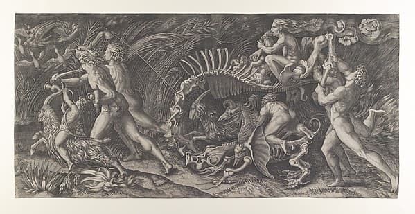 Lo Stregozzo: a female witch riding on an animal skeleton, preceded by two men and a boy on a goat blowing on a horn, another naked man behind carrying two bones