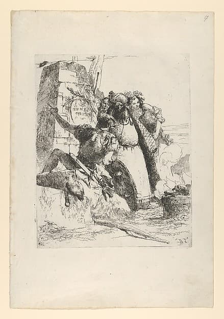 A magician, a soldier and three figures watching a burning skull from the Scherzi di Fantasia