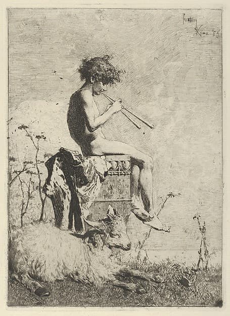 Idyll: a naked youth seated outdoors on a plinth playing a double flute, a goat on the ground before him