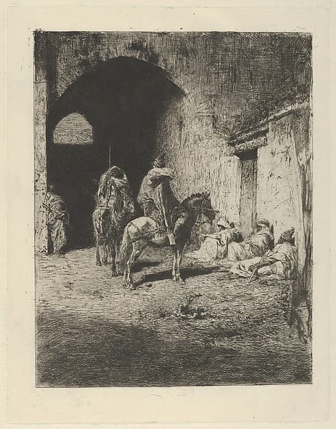 Guards on horseback at the entrance to the Kasbah in Tetuan, figures sitting on the ground