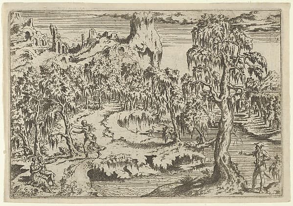 A Man Armed with a Saber Gestures Toward a Fleeing Woman